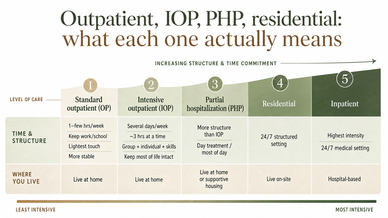 Visualize the comparison of the five levels of care described in this section so readers can see structure, time commitment, and living arrangement side by side