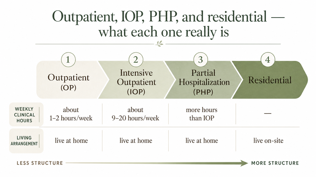 Compare the four levels of care by weekly clinical hours and living arrangement, directly supporting the section's continuum explanation