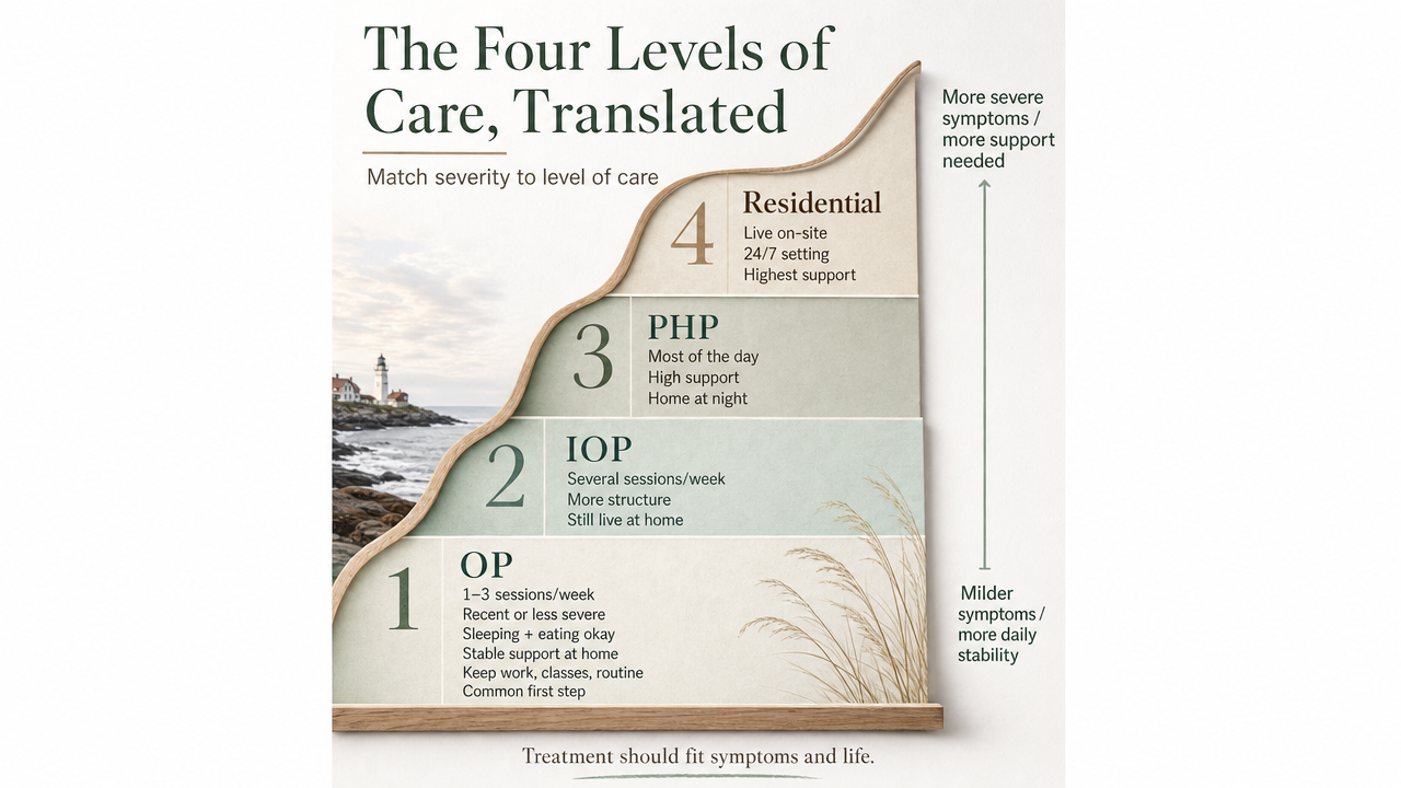 Visualize the four-tier care ladder described in this section, helping readers match severity to level of care