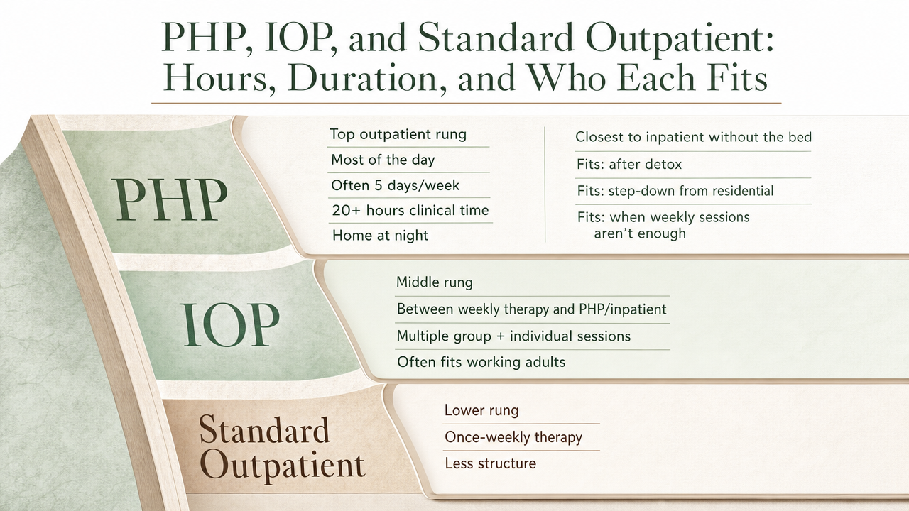 Visualize the three-tier outpatient continuum (PHP, IOP, OP) described in this section, including weekly hours and who each level fits, since the section explicitly compares these levels of care