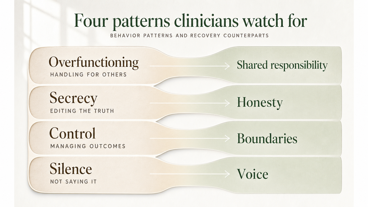 Visualize the four clustering behaviors clinicians watch for, paired with their recovery counterparts, directly supporting the section's framework