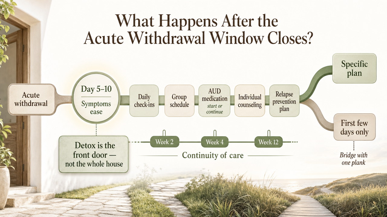 Visualize the cited care sequence (assessment through relapse prevention) that the section describes as the arc beyond detox
