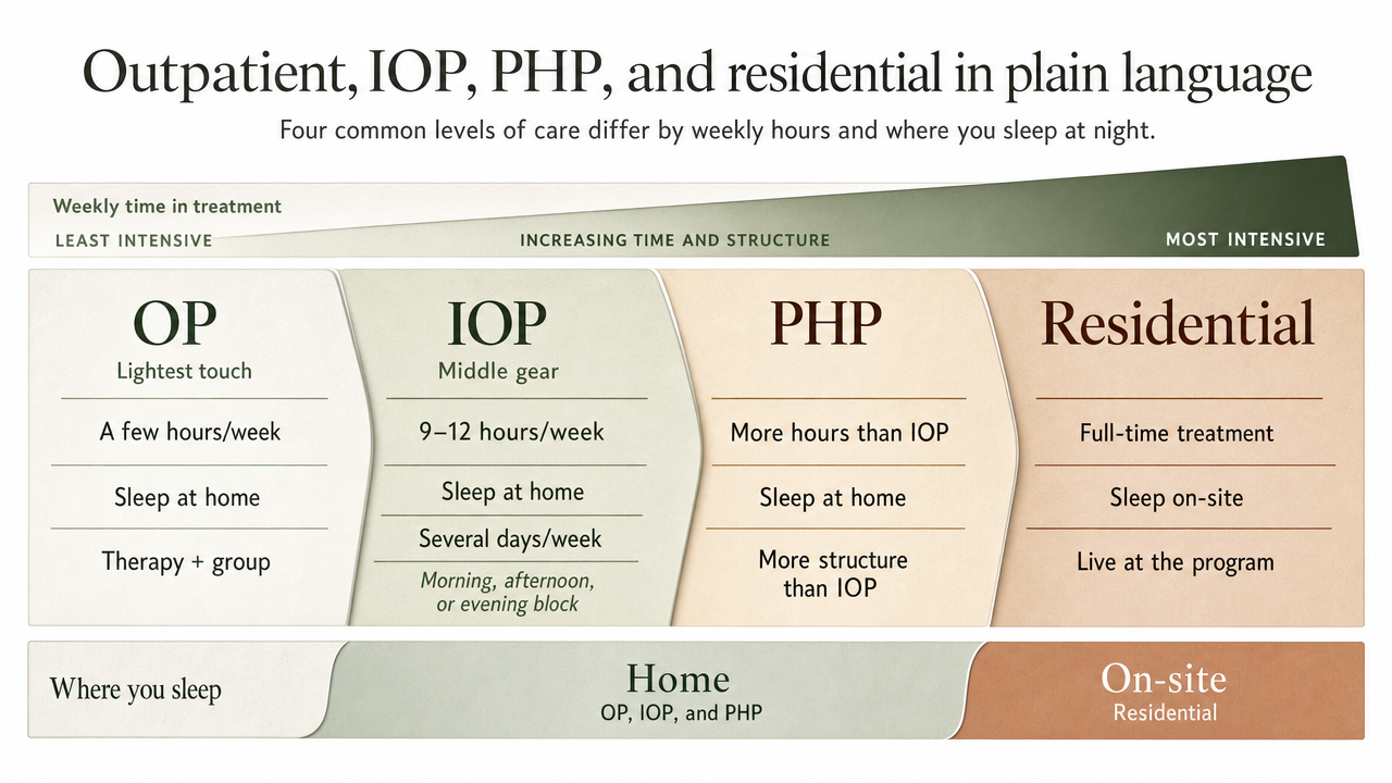 Compare the four levels of care by weekly hours and living arrangement, directly supporting the section that defines each level