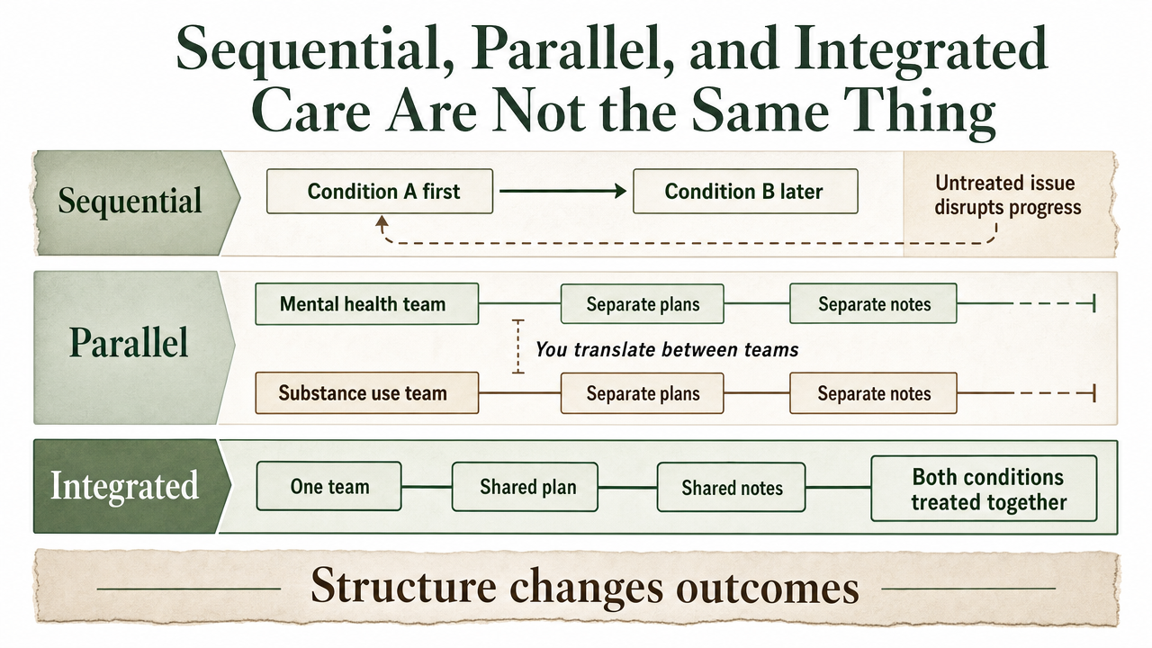 Visualize the three care models compared in this section, clarifying why integrated care differs structurally from sequential and parallel approaches