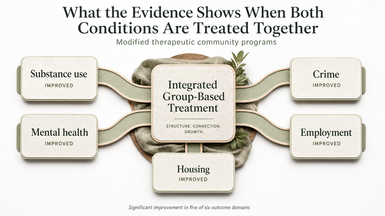 Highlight the five of six outcome domains where the modified therapeutic community meta-analysis showed significant improvement, directly supporting the cited research in this section