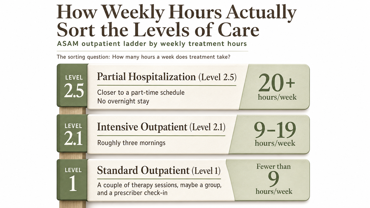 Visualize the ASAM outpatient ladder by weekly hours, which is the core sorting mechanism explained in this section