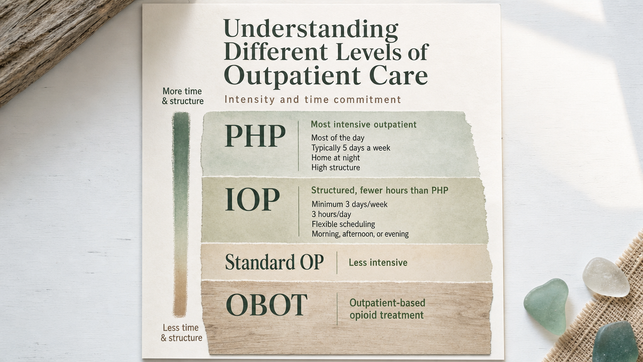Visualize the comparison of outpatient care levels described in this section (PHP, IOP, Standard OP, OBOT) as a tiered framework showing intensity and time commitment