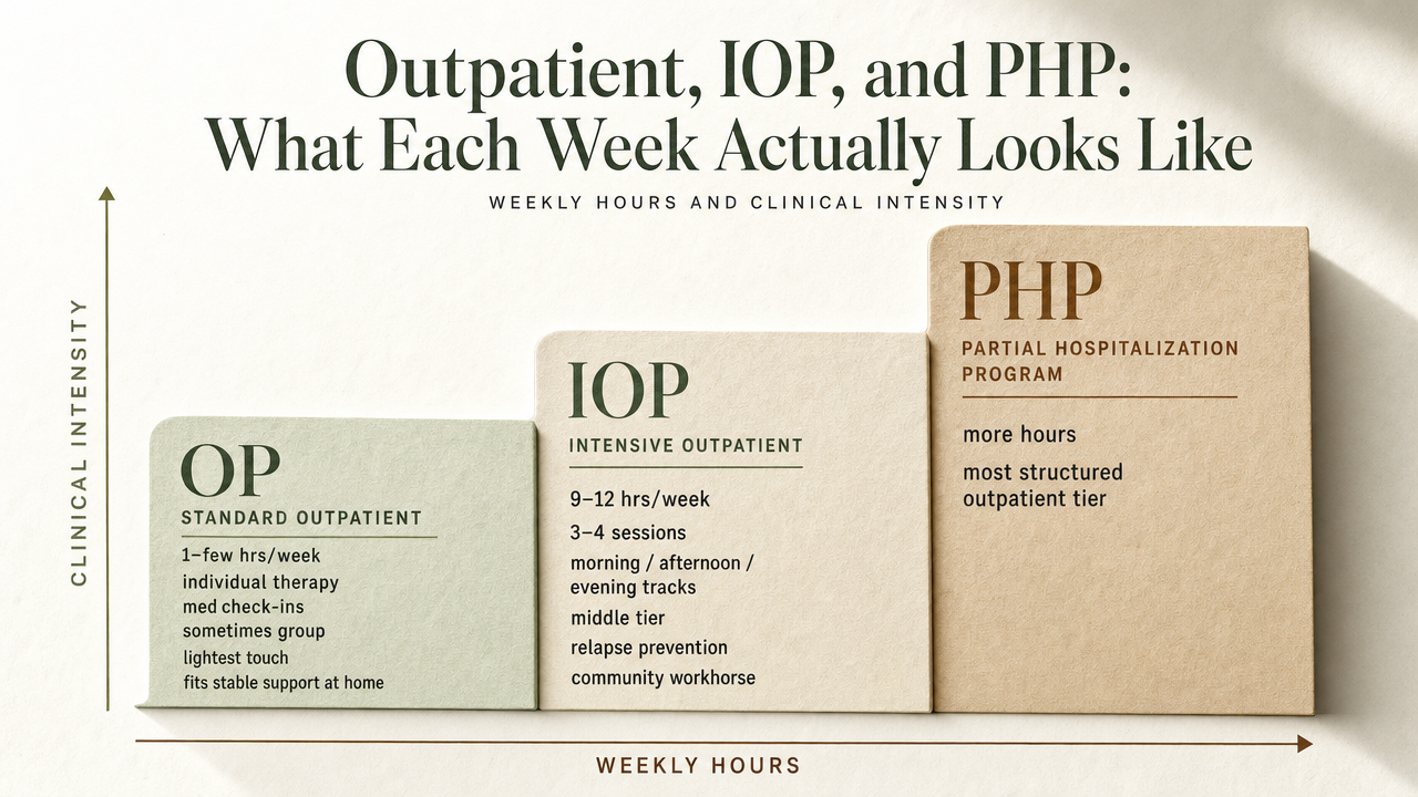 Visualize the three levels of outpatient care described in the section, showing weekly hours and clinical intensity as a stepped comparison
