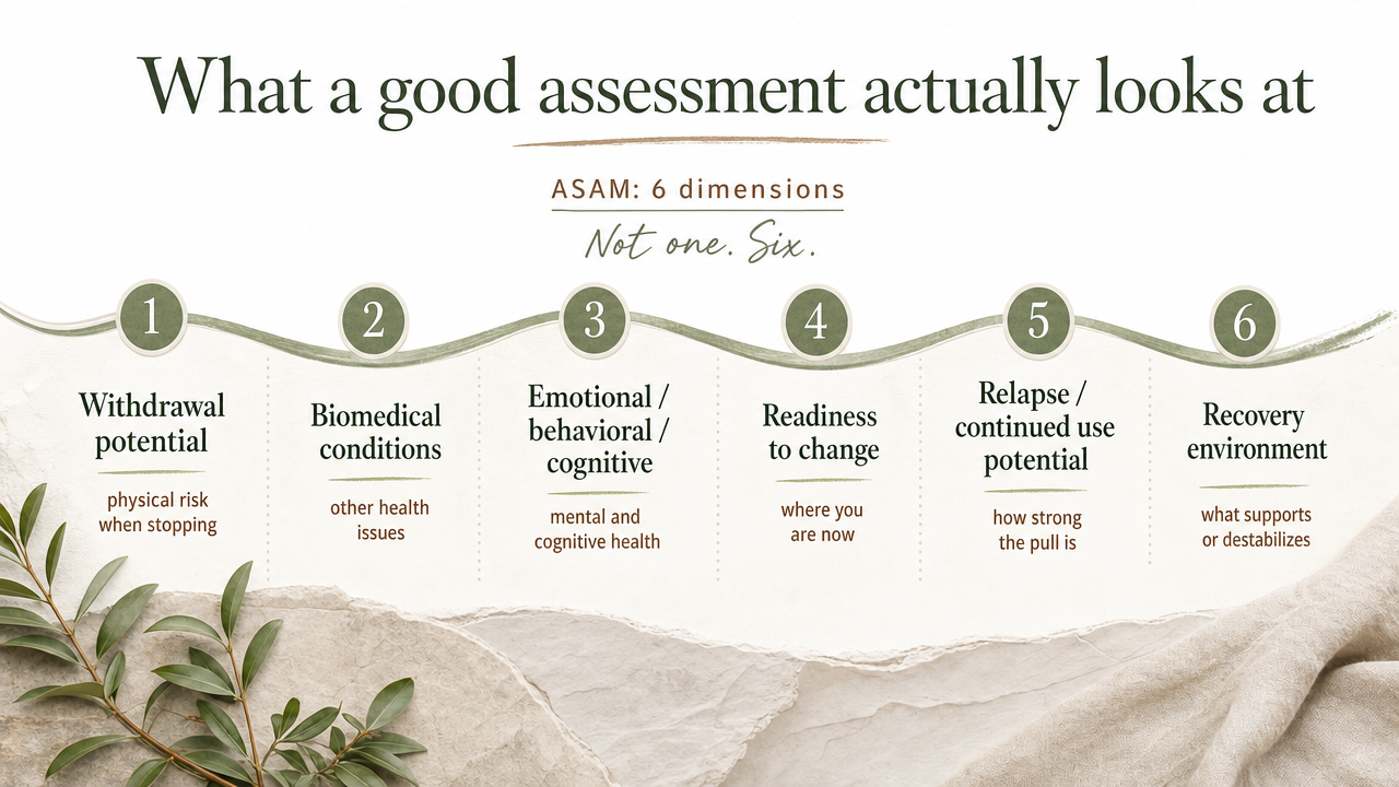 Illustrate the six ASAM assessment dimensions listed in this section, giving readers a scannable framework map