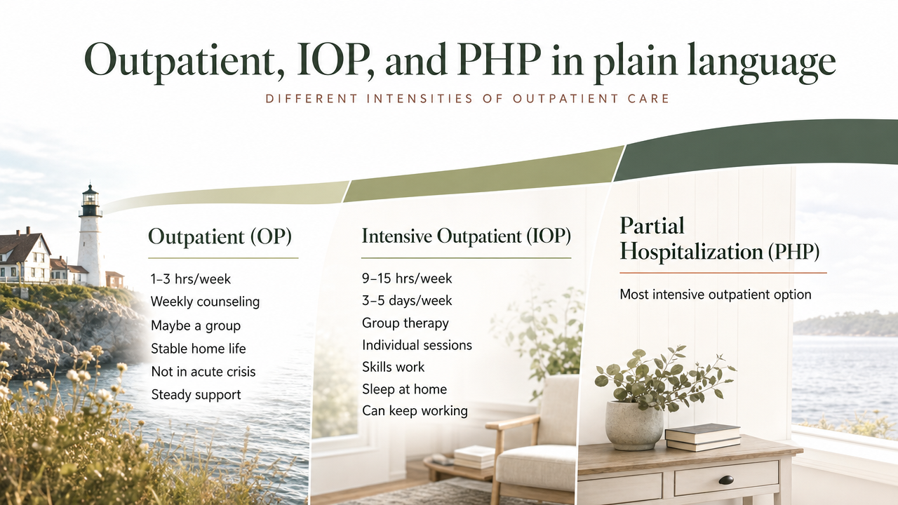 Visualize the comparison between the three levels of outpatient care described in the section, matching hours-per-week and typical use case for each