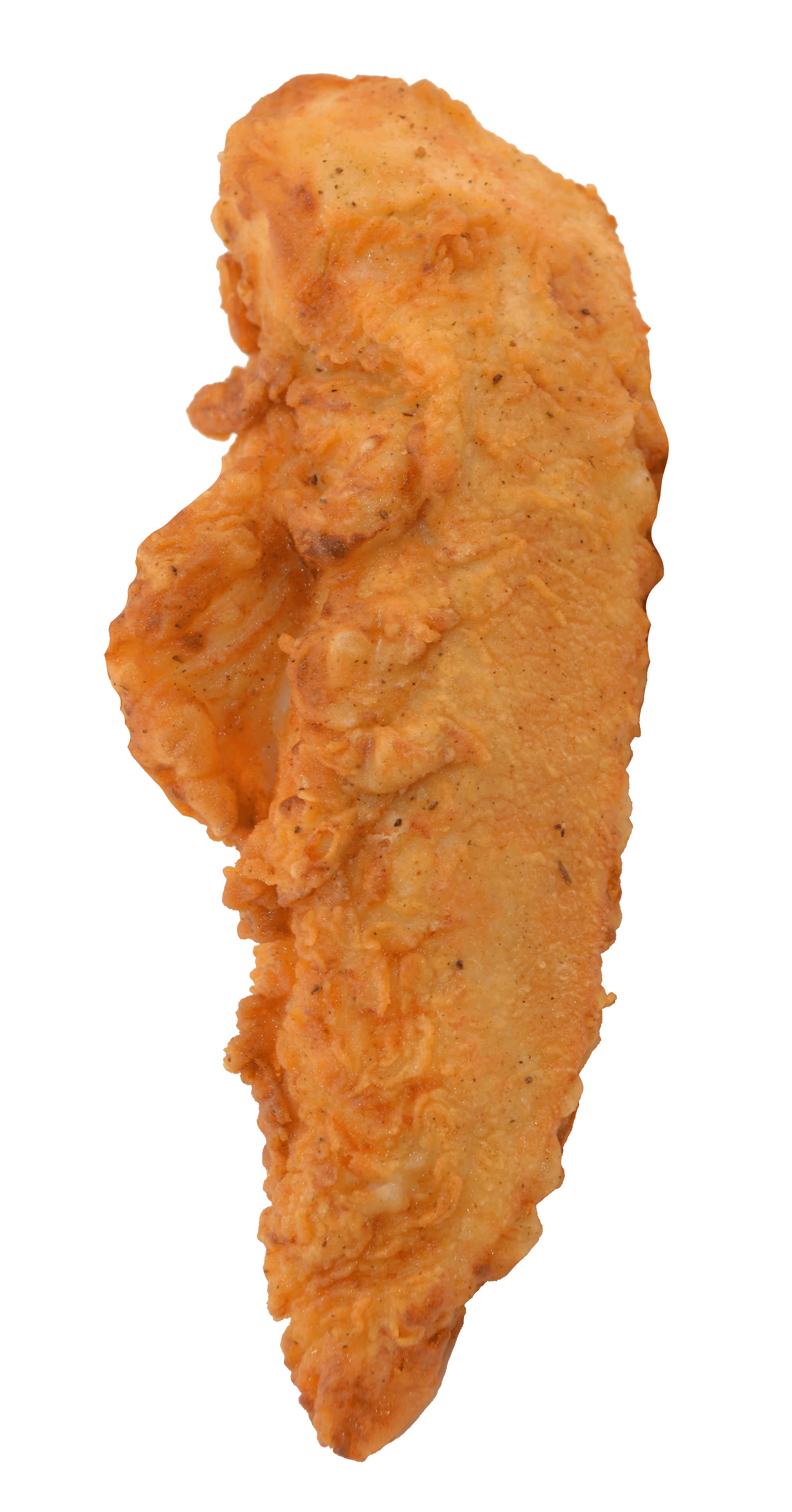 Single piece of golden-brown fried chicken tender with a crispy textured coating.