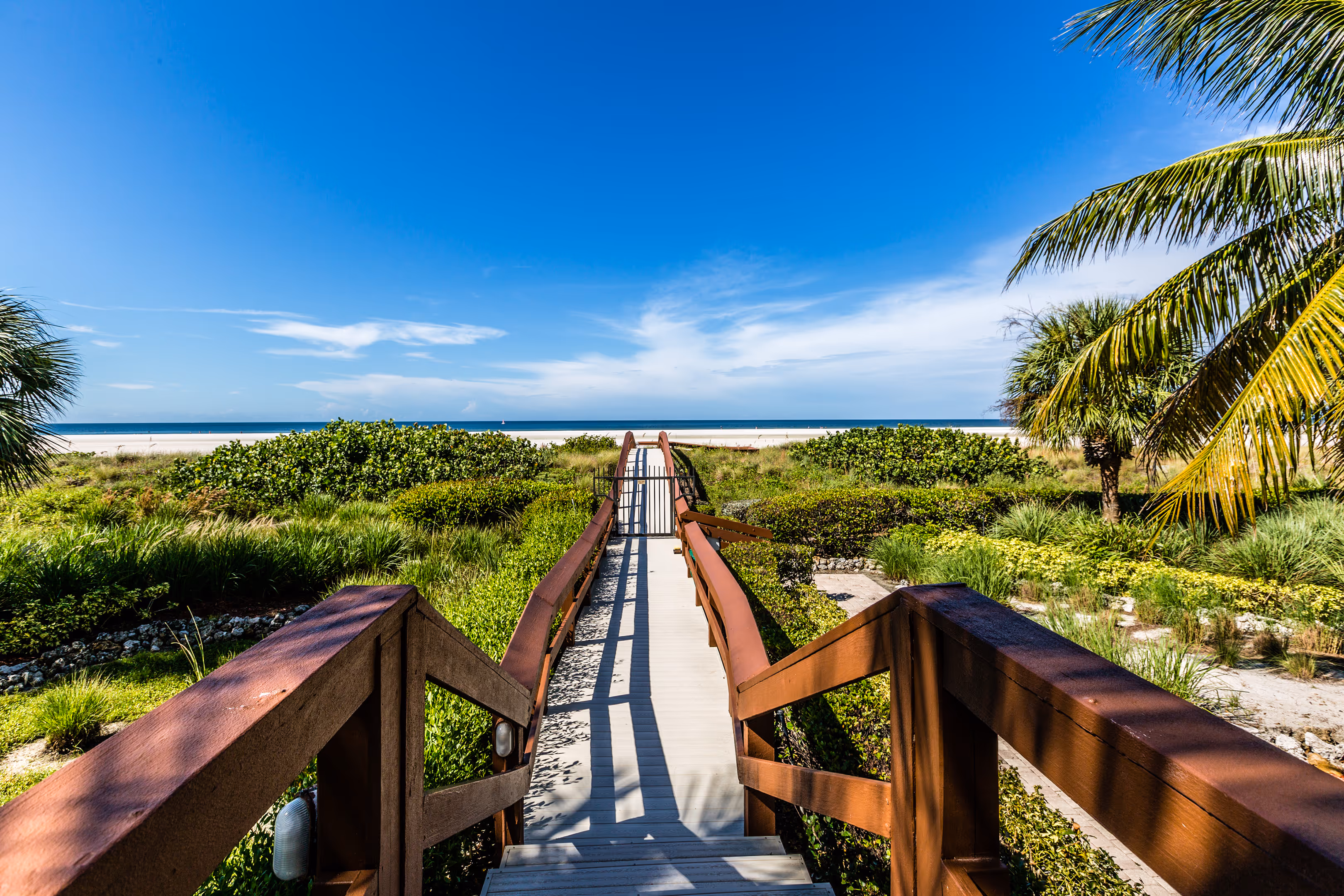 Wooden boardwalk leading through green vegetation toward a sandy beach and blue ocean under a clear sky.