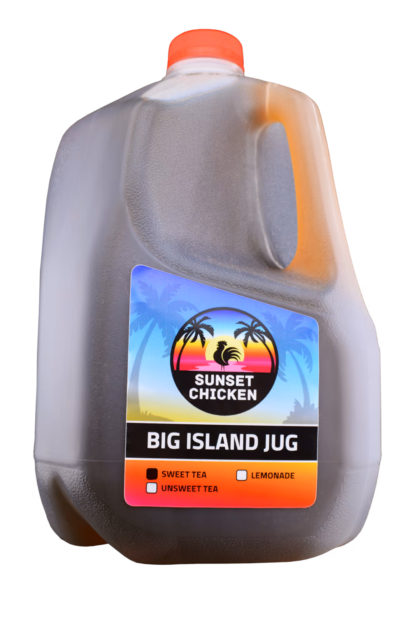 Plastic jug of Sunset Chicken Big Island Jug sweet tea with an orange cap and colorful label featuring palm trees and a rooster at sunset.