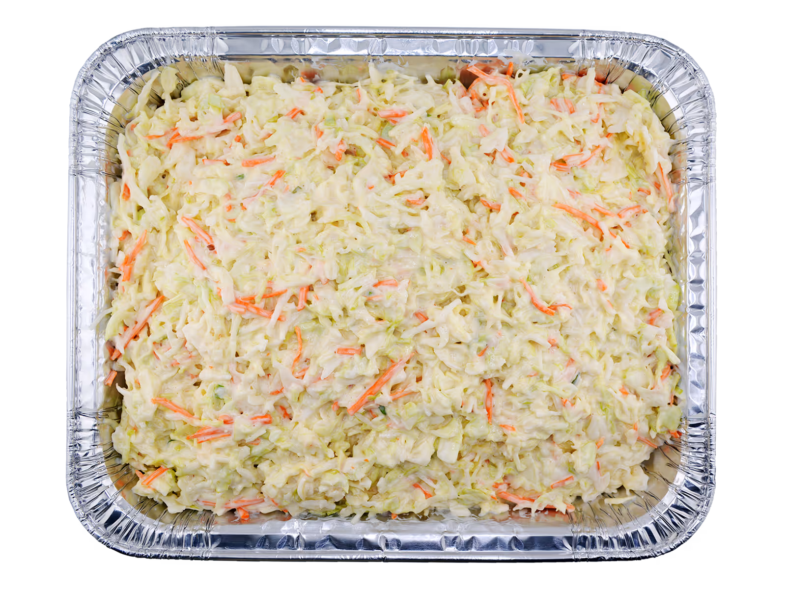 Aluminum tray filled with creamy coleslaw made of shredded cabbage and carrot.