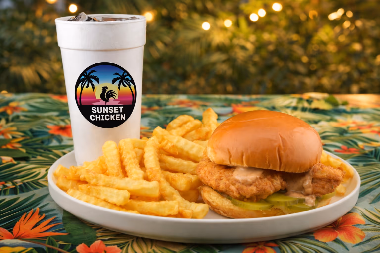 Plate with crispy chicken sandwich with pickles and crinkle-cut fries, next to a white cup with Sunset Chicken logo and iced drink on tropical-patterned tablecloth.