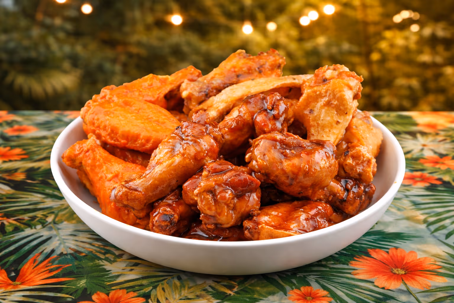 White bowl filled with a variety of glazed and sauced chicken wings on a floral tablecloth with blurred string lights in the background.
