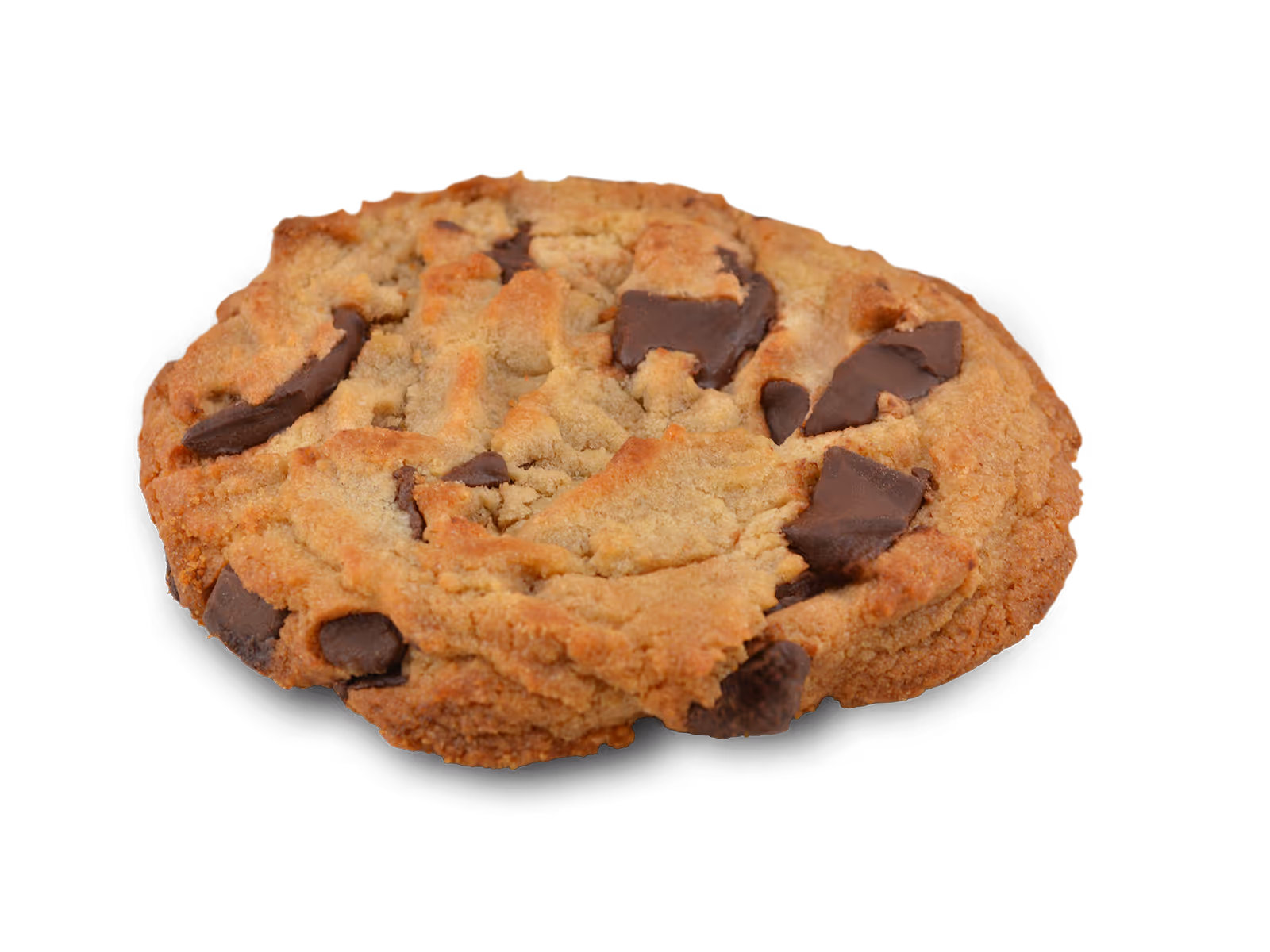 Close-up of a golden-brown chocolate chip cookie with large chocolate chunks.