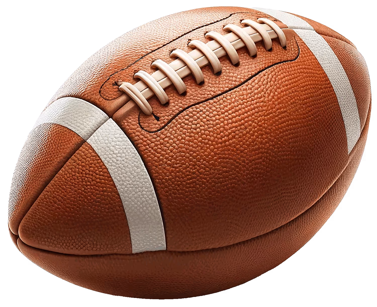 Brown leather American football with white laces and white stripes on each end.