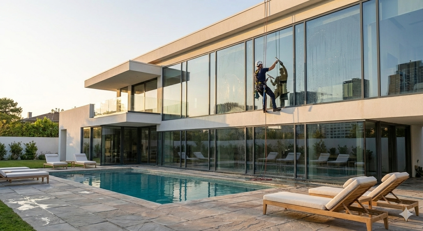 Worker suspended by ropes cleaning large glass windows of a modern house with a pool and lounge chairs in the foreground.