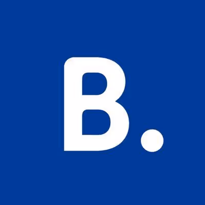 White uppercase letter B with a period on a blue square background.