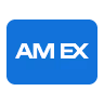 American Express logo with white letters AM EX on a blue background.
