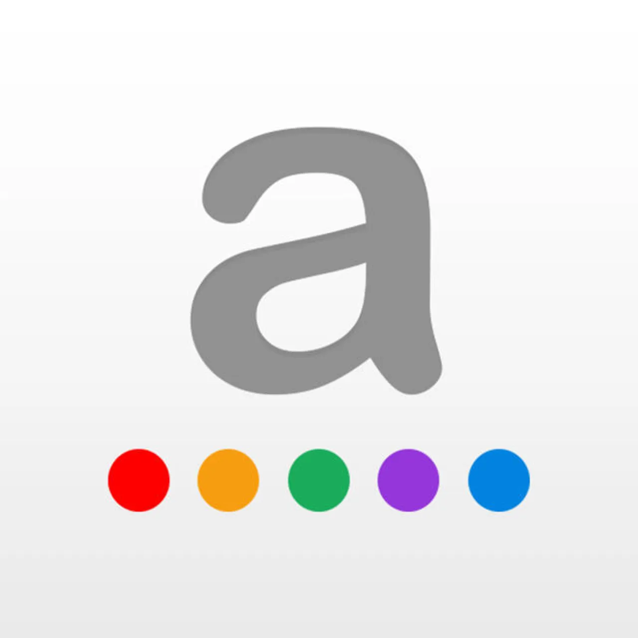Lowercase letter 'a' in gray above five colored dots in red, orange, green, purple, and blue.