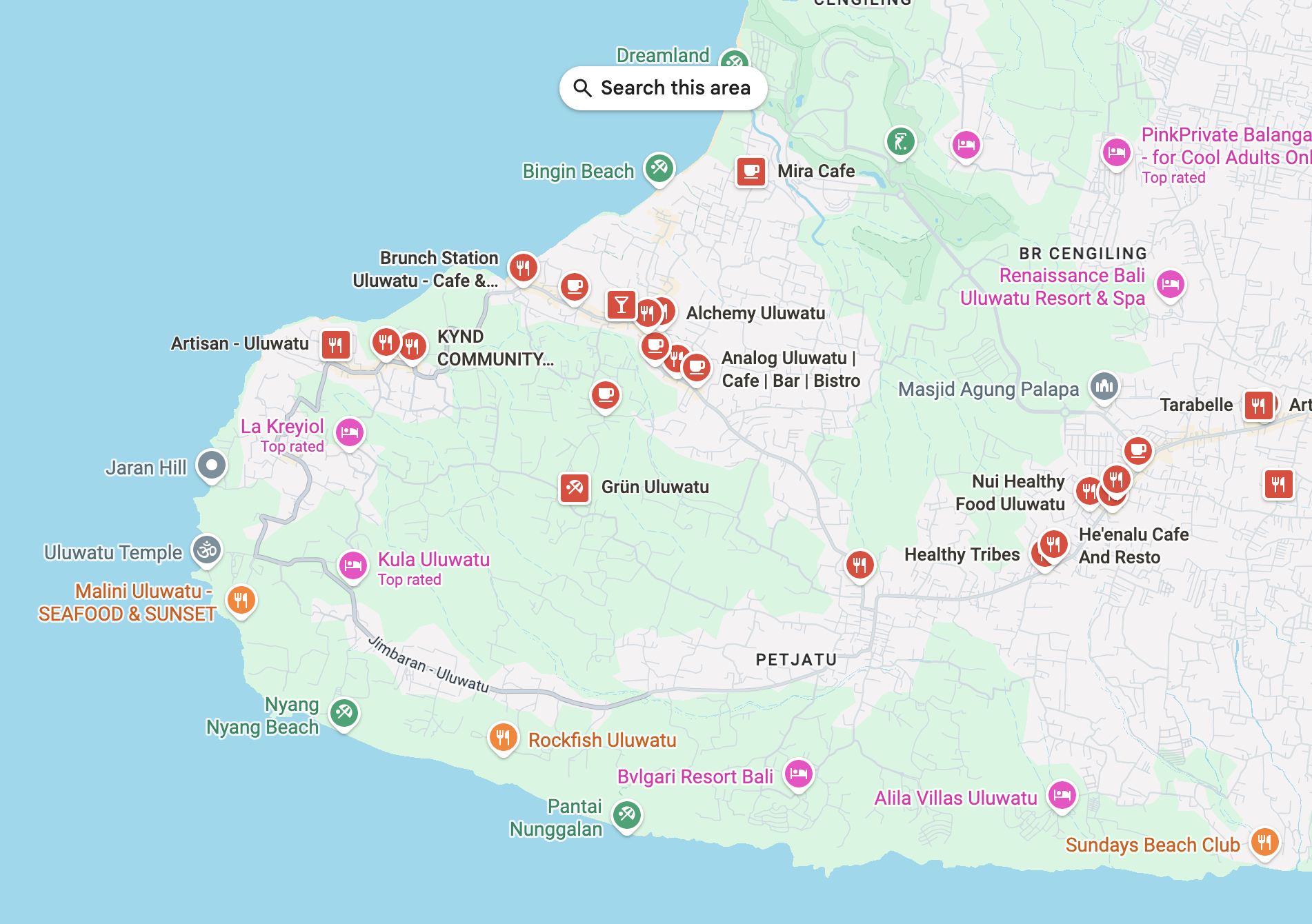 Map of the best healthy cafes and acai bowl spots around Uluwatu