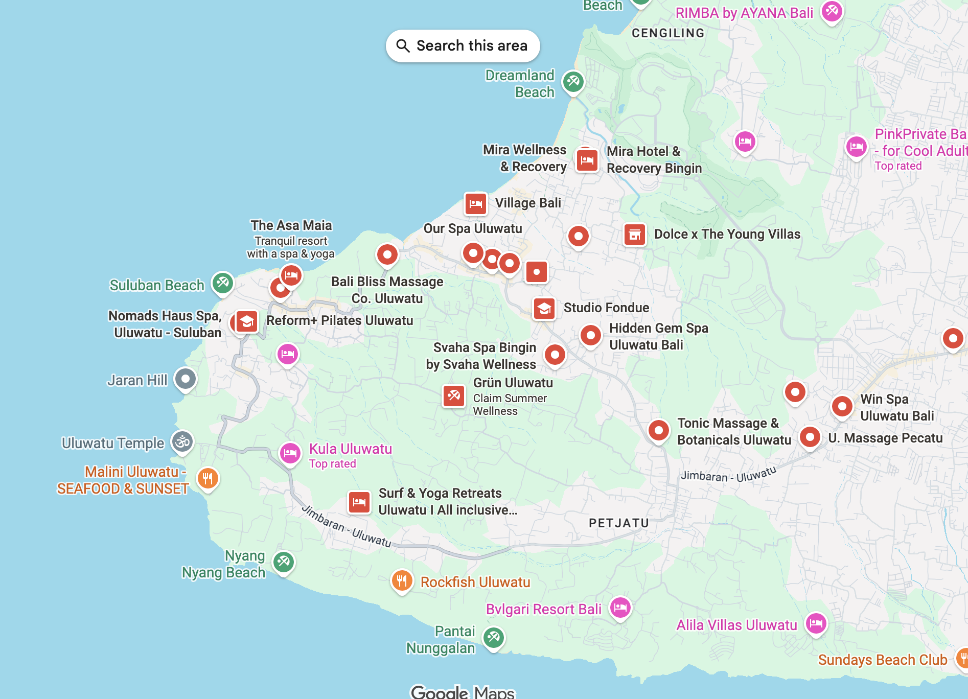 Map of Uluwatu's wellness areas - Bingin, Pecatu, Padang Padang and Ungasan