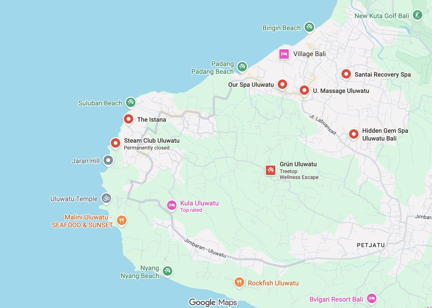 Map of cold plunge and breathwork spots across Uluwatu and Pecatu