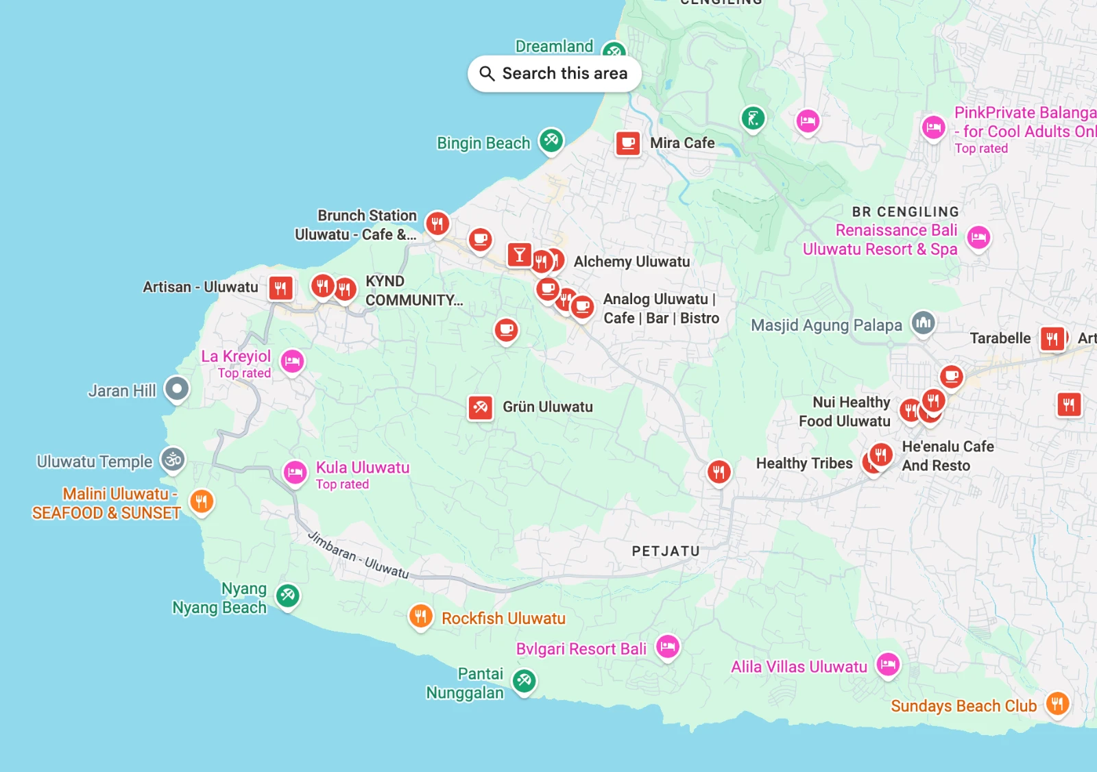 Map of the best healthy cafes and acai bowl spots around Uluwatu