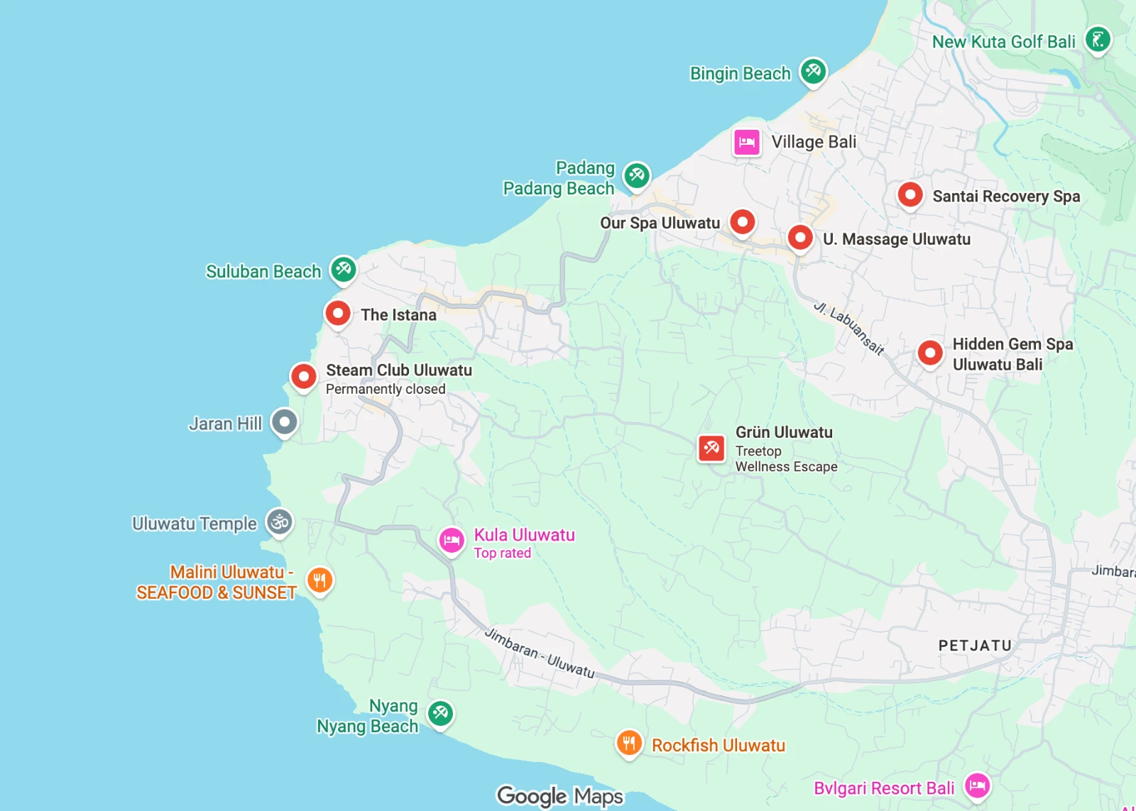 Map of cold plunge and breathwork spots across Uluwatu and Pecatu