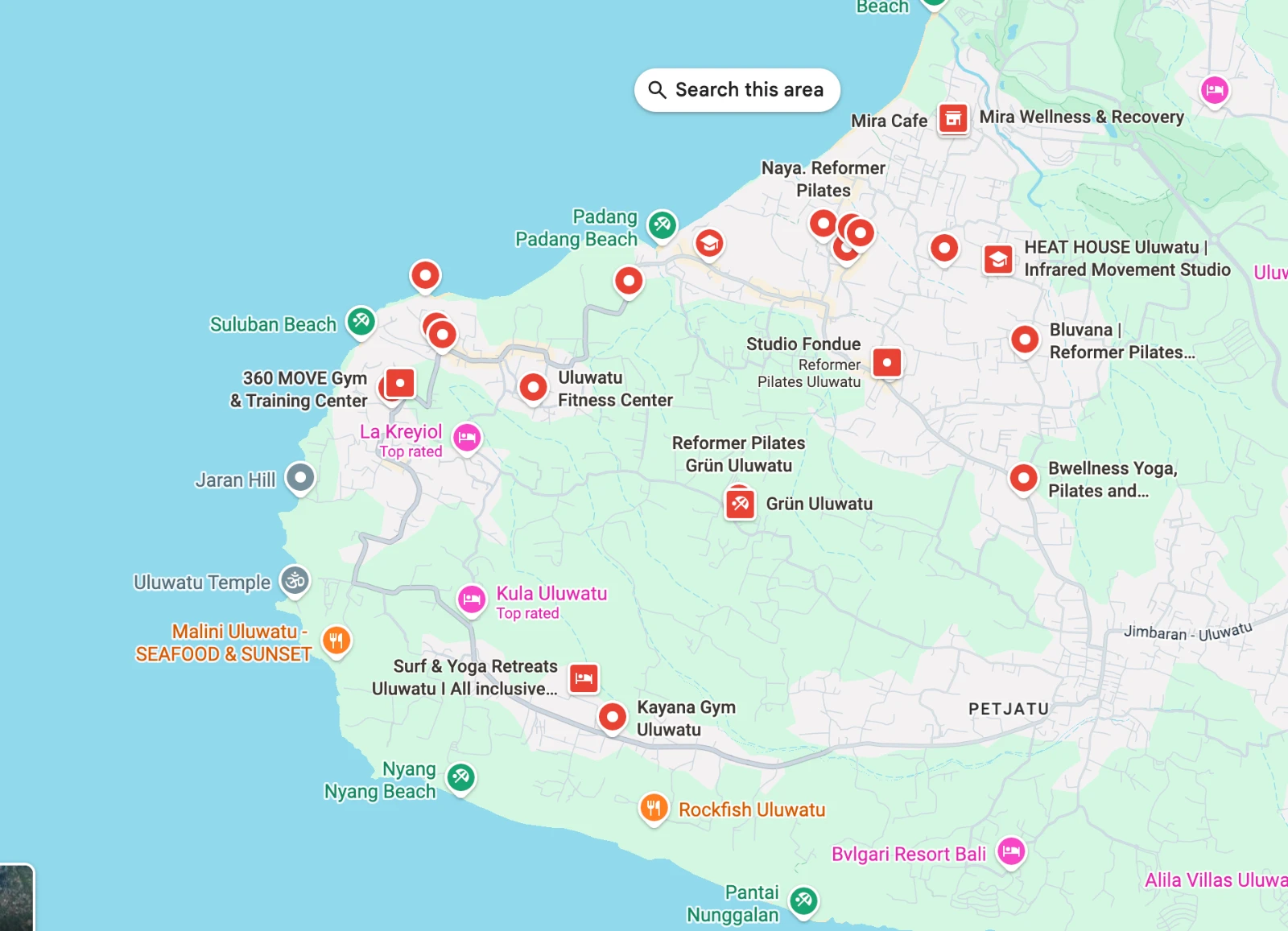 Map of pilates studios across Bingin, Pecatu and Padang Padang in Uluwatu