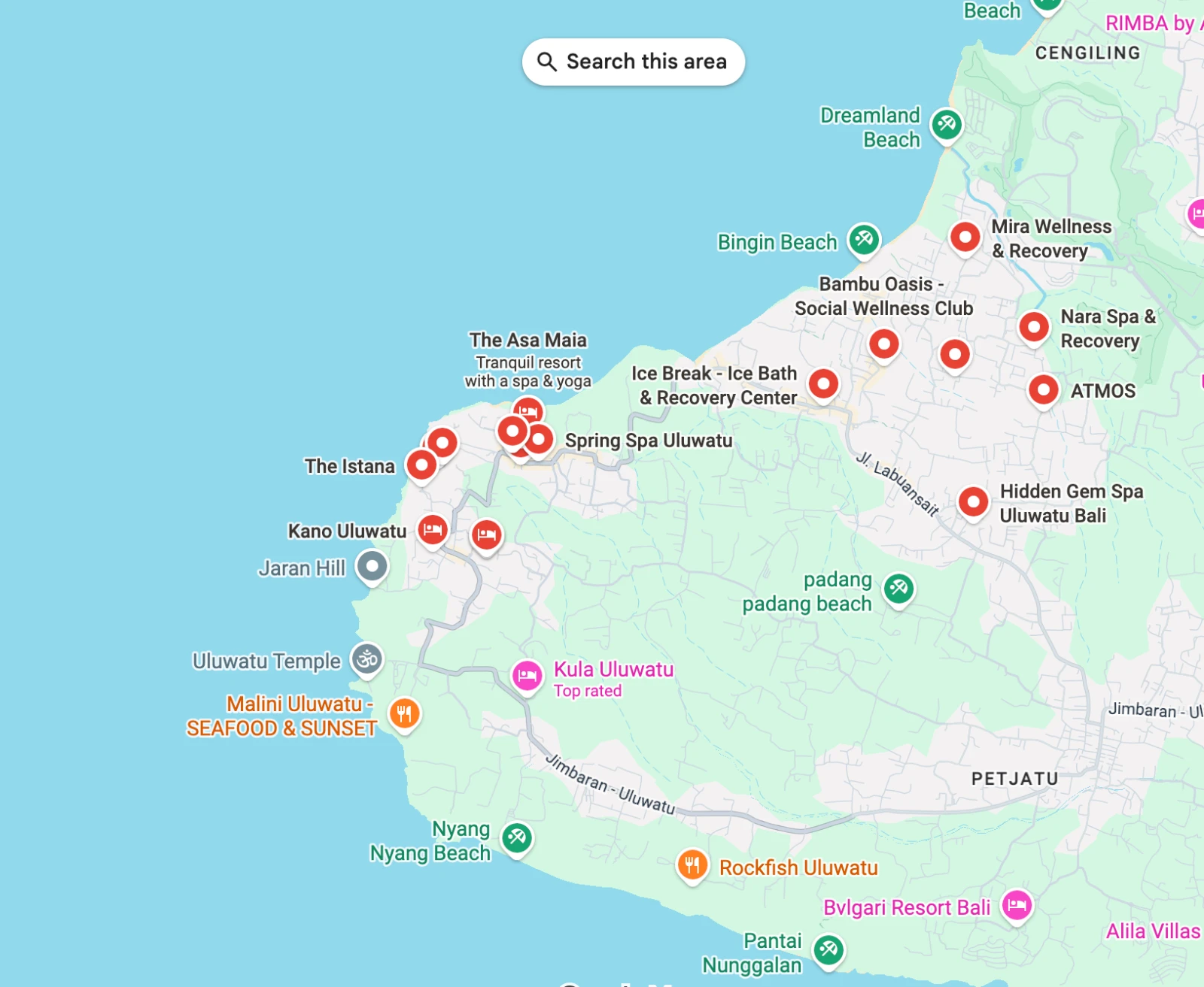 Map of ice bath, sauna and recovery centres across the Uluwatu area
