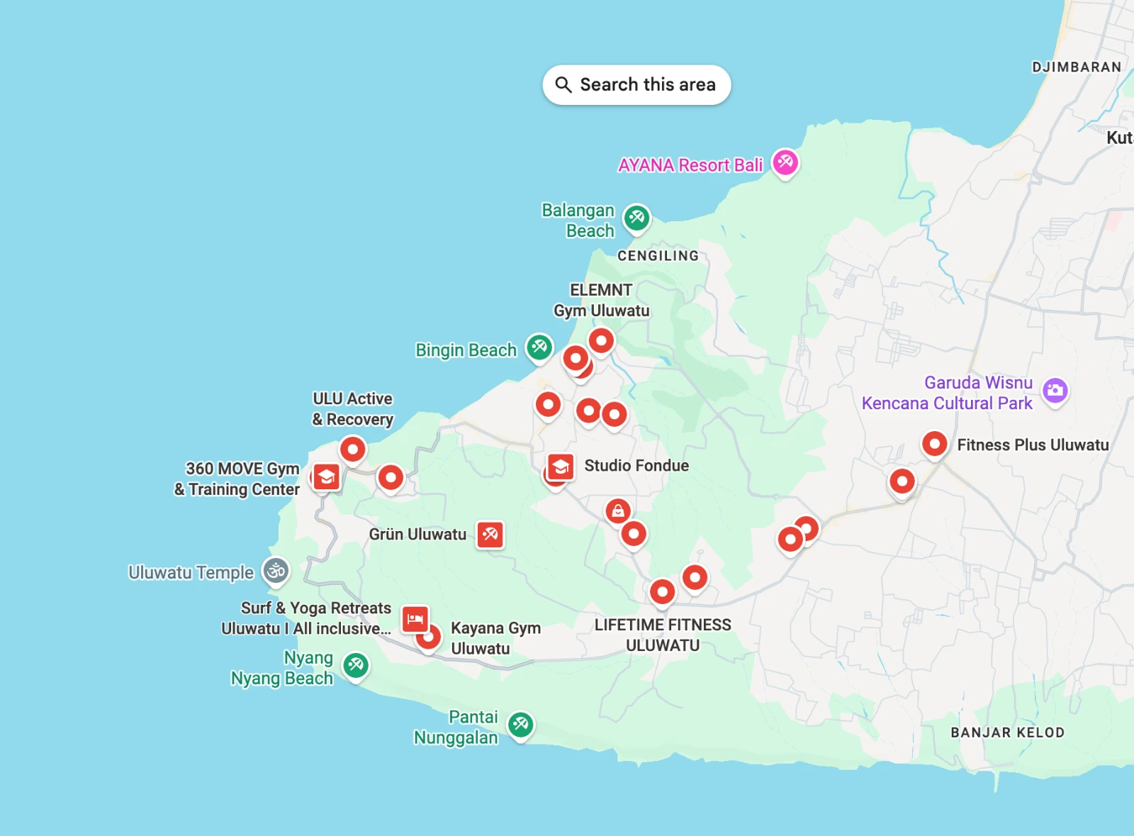 Map of gyms and training studios across the Uluwatu and Ungasan area
