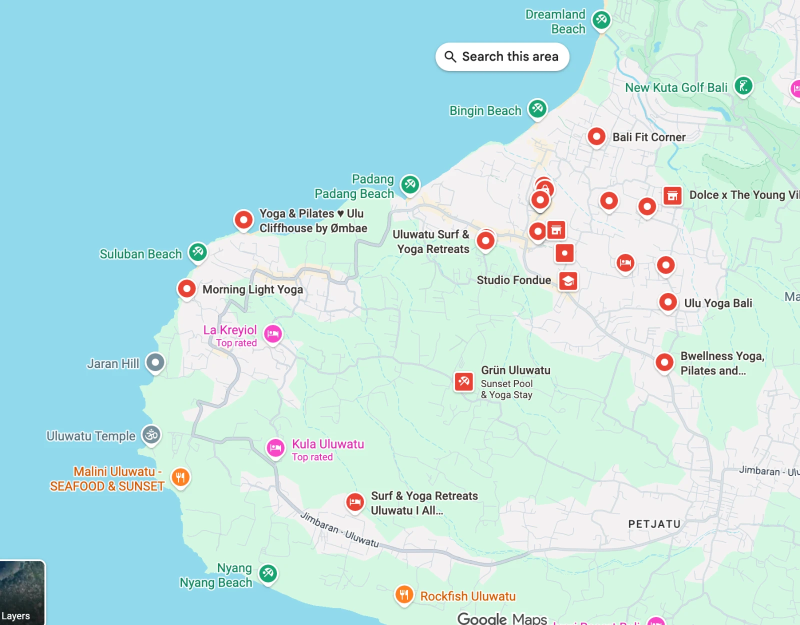Map of yoga studios across Bingin, Pecatu and Padang Padang in Uluwatu