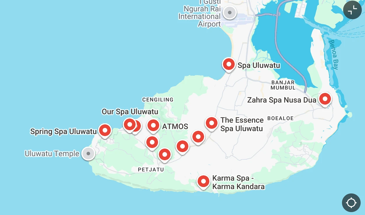 Map of massage and spa locations across Pecatu, Bingin and Uluwatu