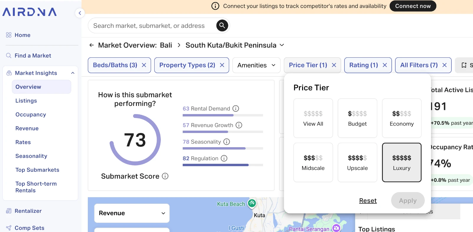 AirDNA price-tier breakdown for the South Kuta and Bukit Peninsula market, showing the Luxury 4.9-star 1-bedroom filter