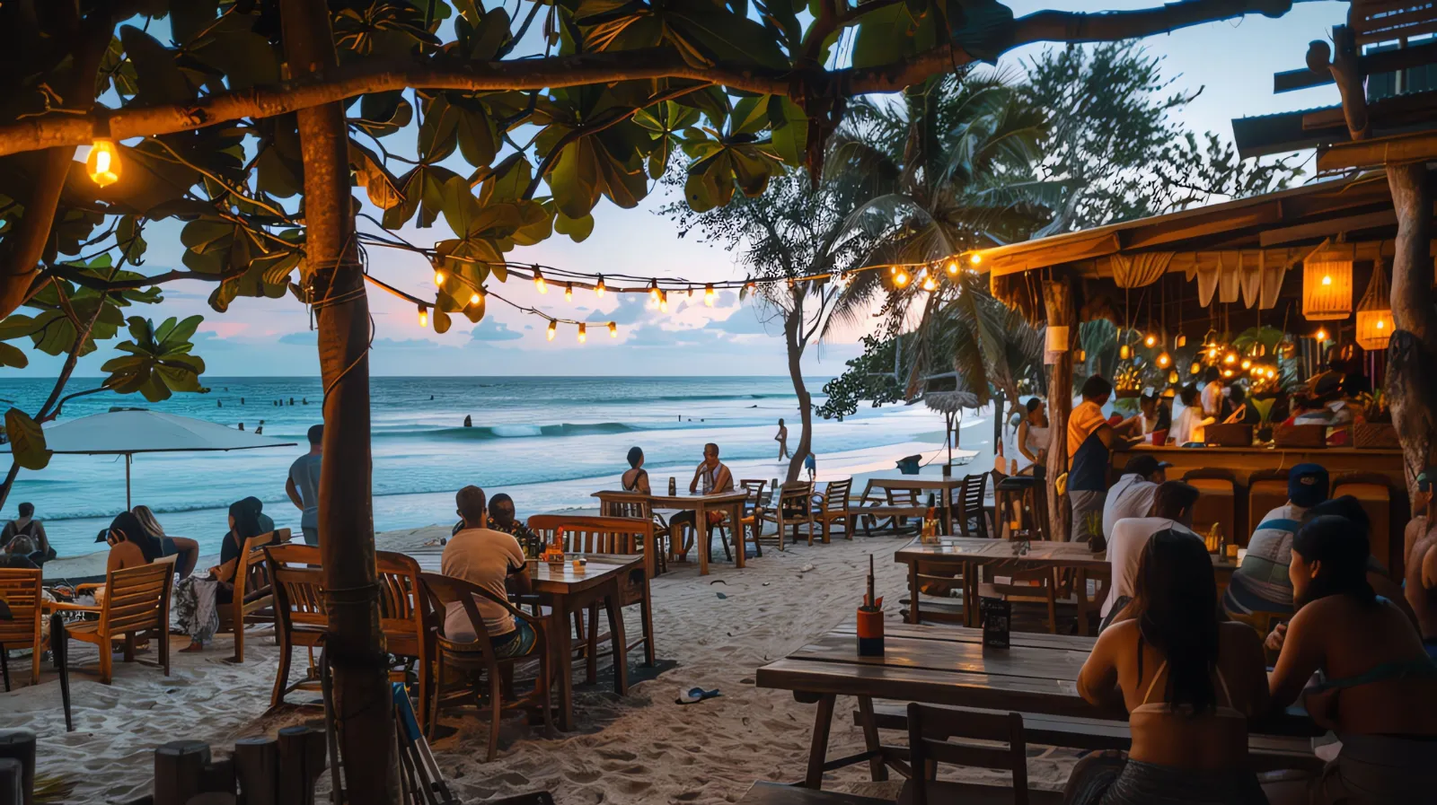 A beachfront beach club at sunset in Canggu, Bali