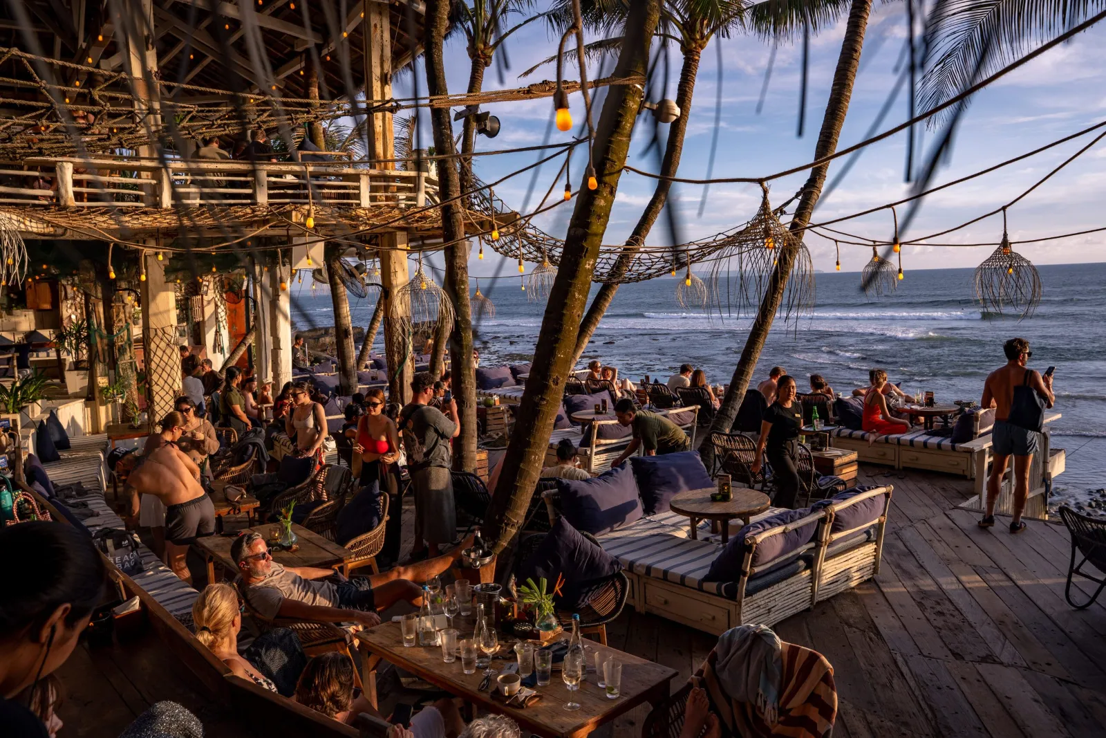 La Brisa at Echo Beach, built from reclaimed fishing-boat wood, at sunset