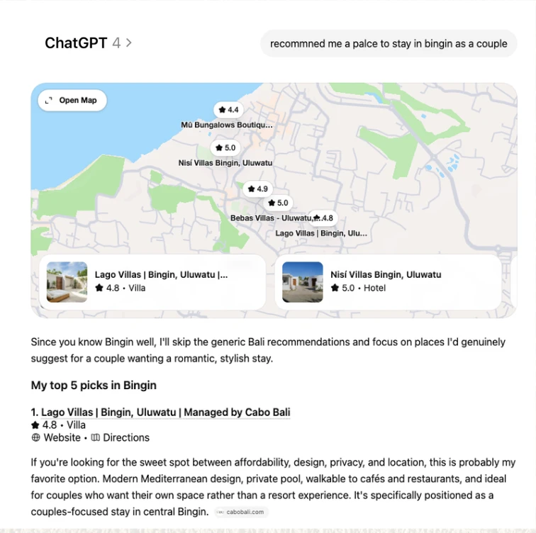 ChatGPT recommending Luro Villas in Bingin as its top pick, citing cabobali.com