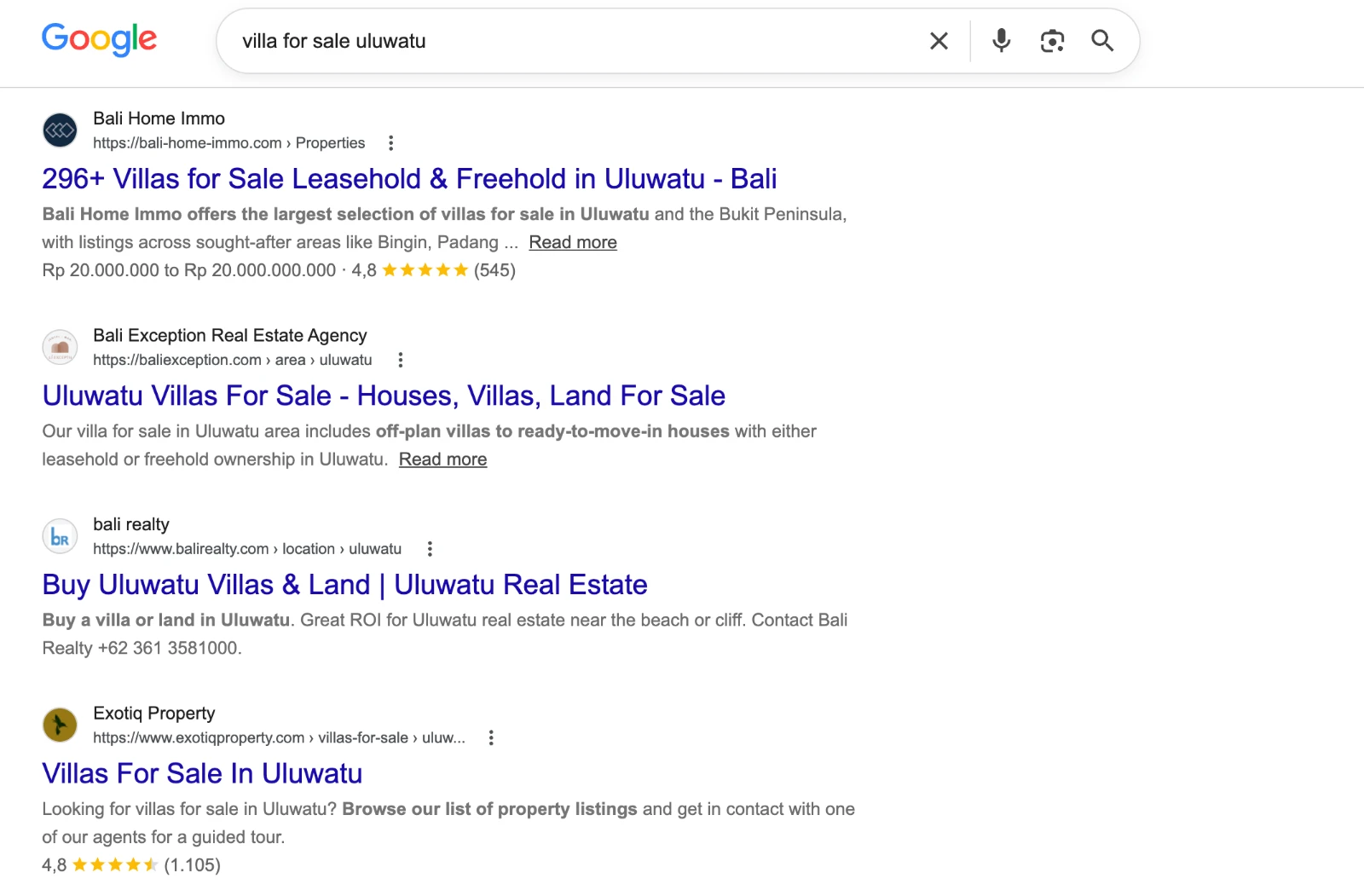 A structured Bali property listing page with search filters, photos and property details