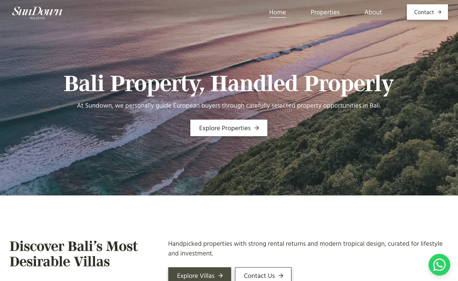 SunDown Real Estate's website, built on Midtide, showing structured Bali villa listings with photos and details