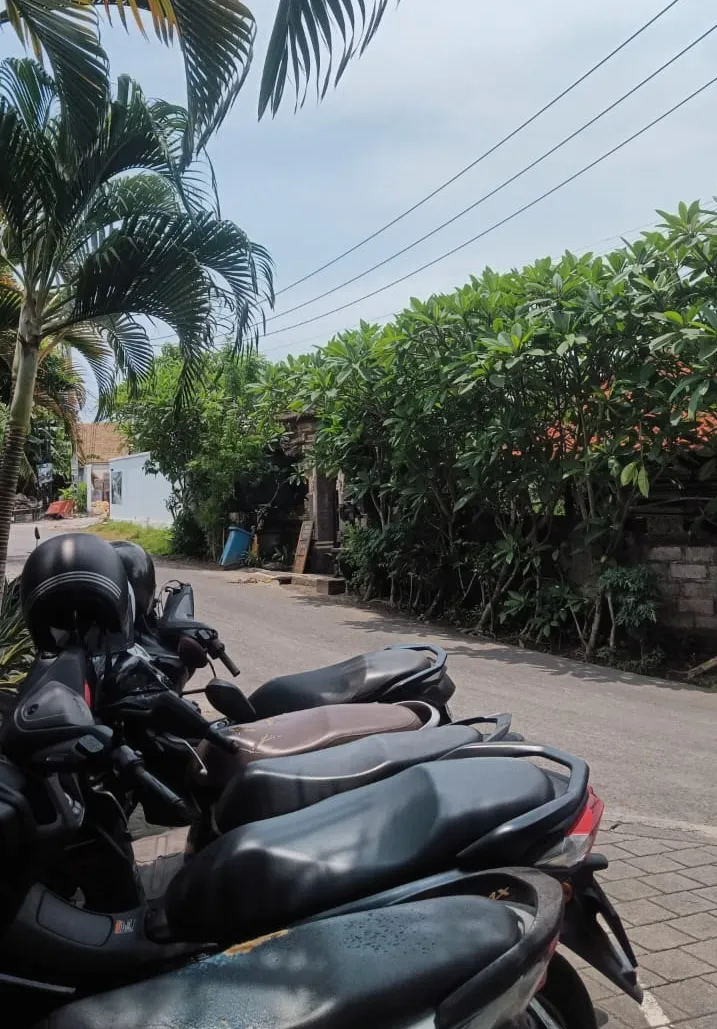 Scooters lined up for rent on a street in Bali