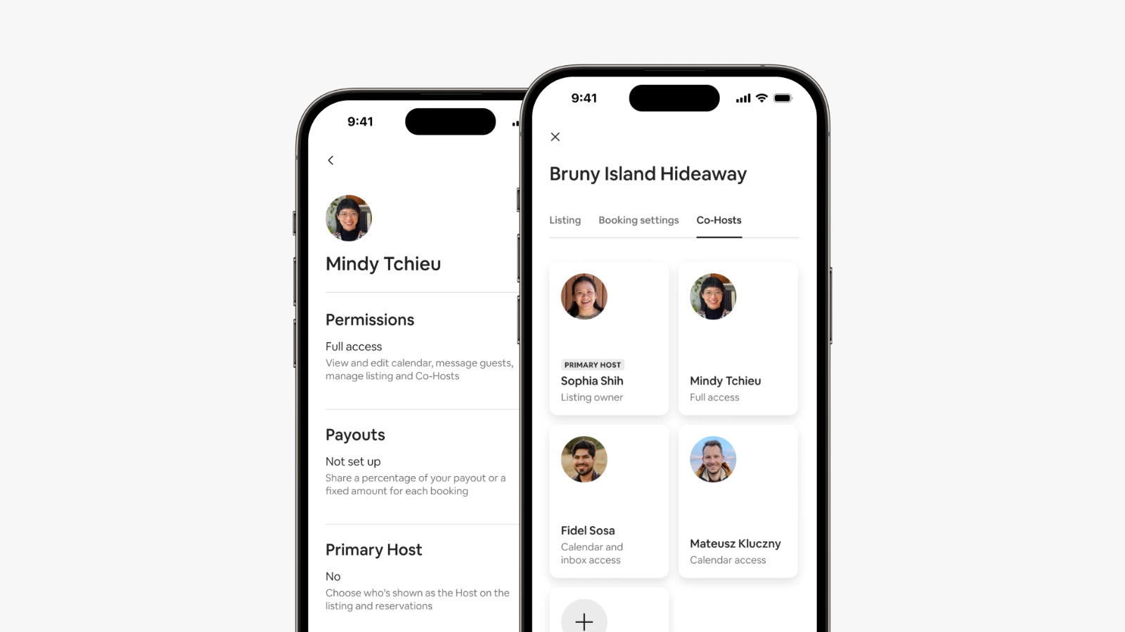 Diagram of the Airbnb host and co-host account structure, showing that the account holder owns the listing and its review history