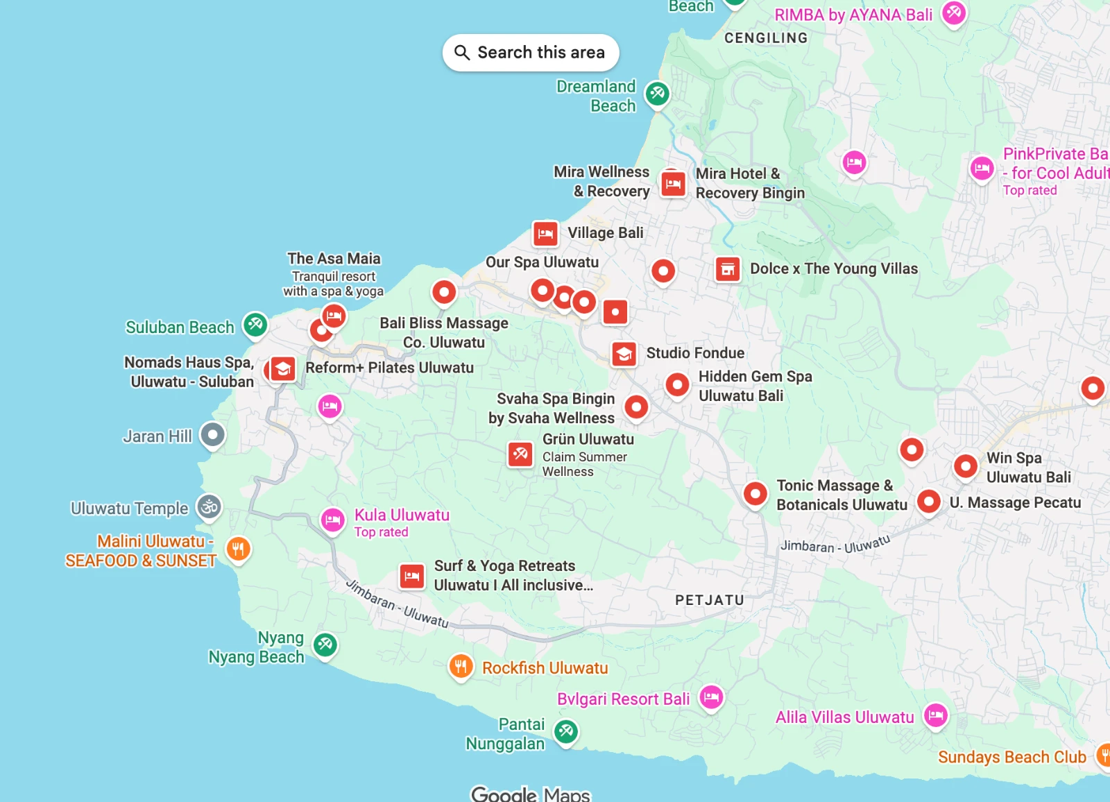 Map of Uluwatu's wellness areas - Bingin, Pecatu, Padang Padang and Ungasan