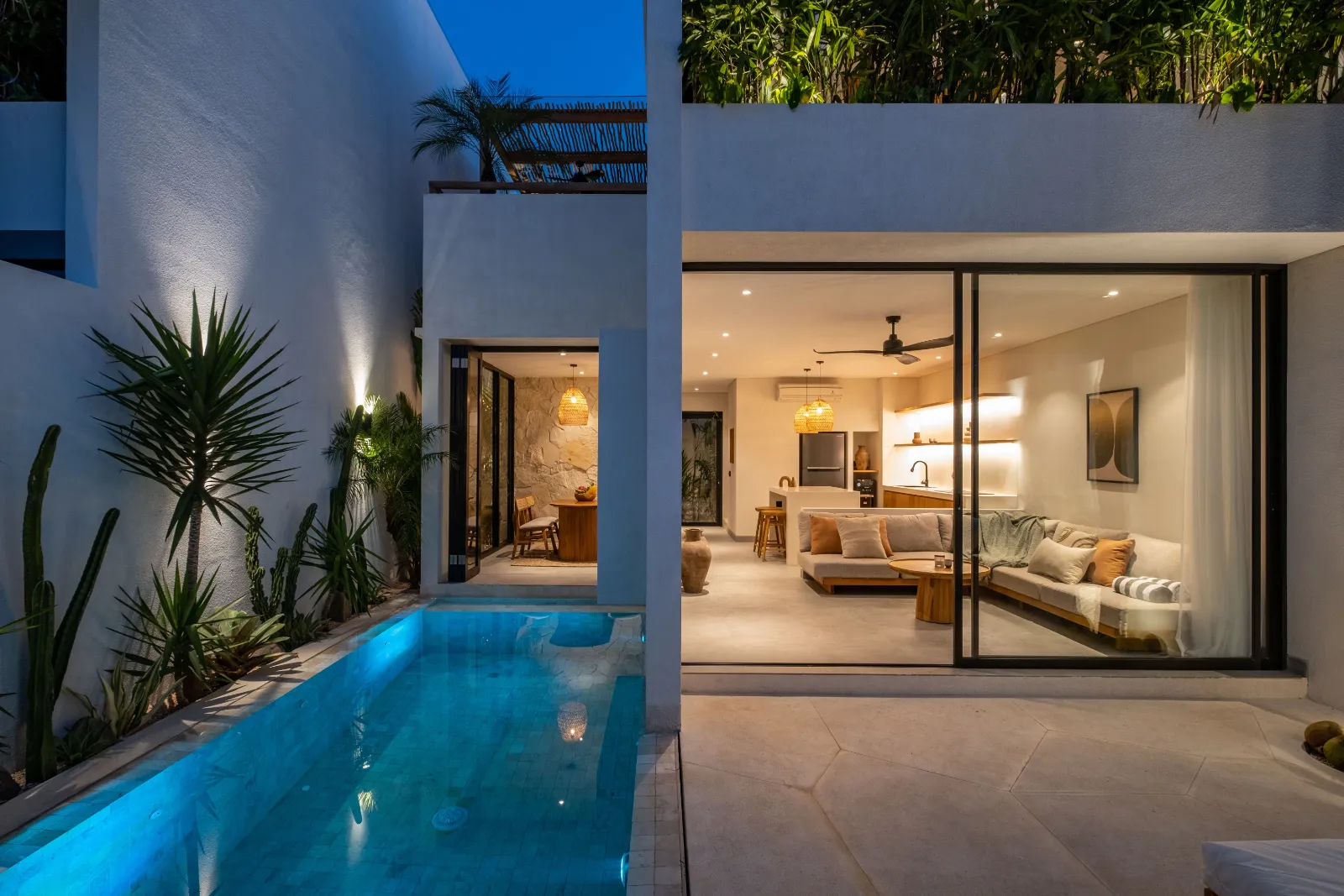 Evening pool lighting at a Bingin villa