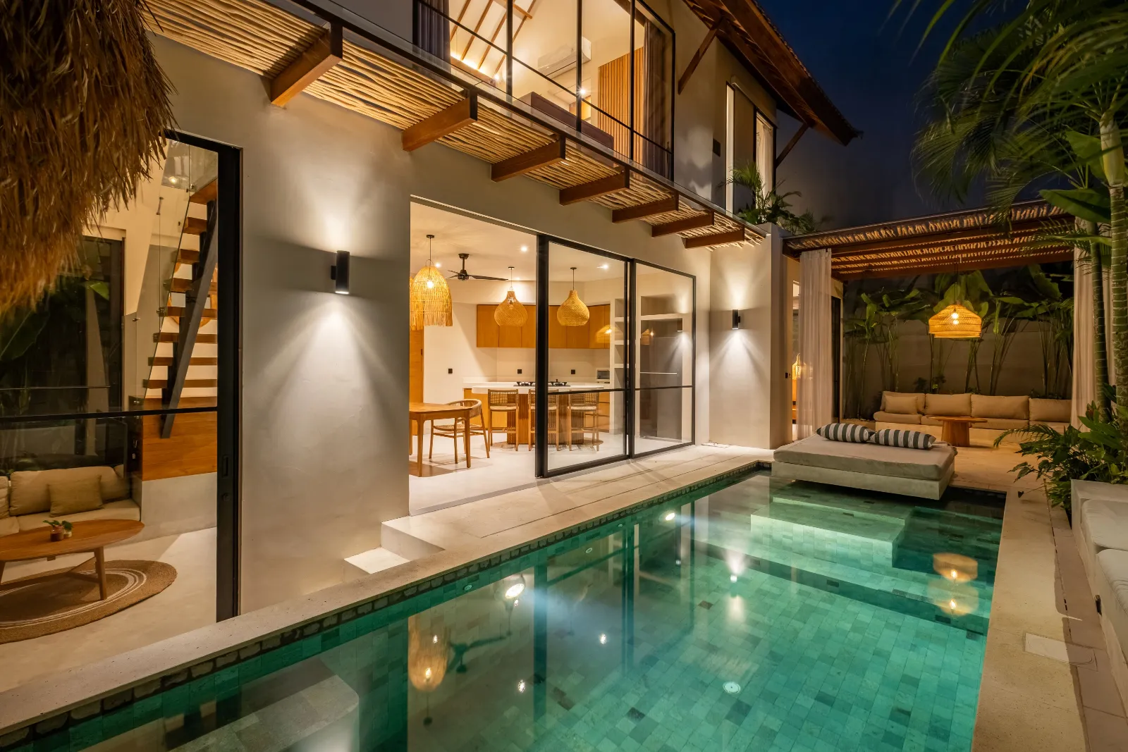 Shaded, furnished outdoor living space at a Bali villa