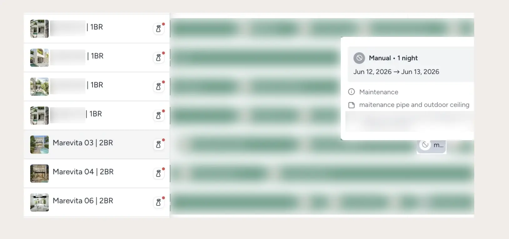 Guesty calendar showing a one-night maintenance block placed between bookings, guest names blurred