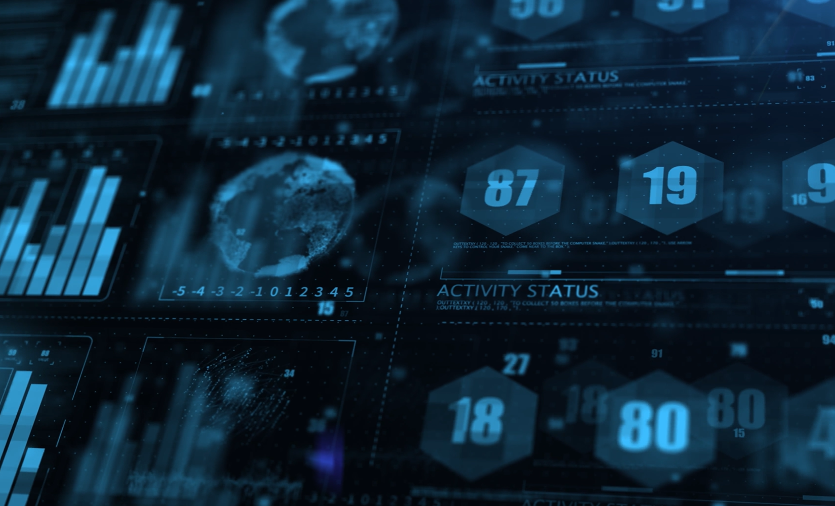 Futuristic digital interface with blue-toned charts, hexagonal numbers, and global data visuals.