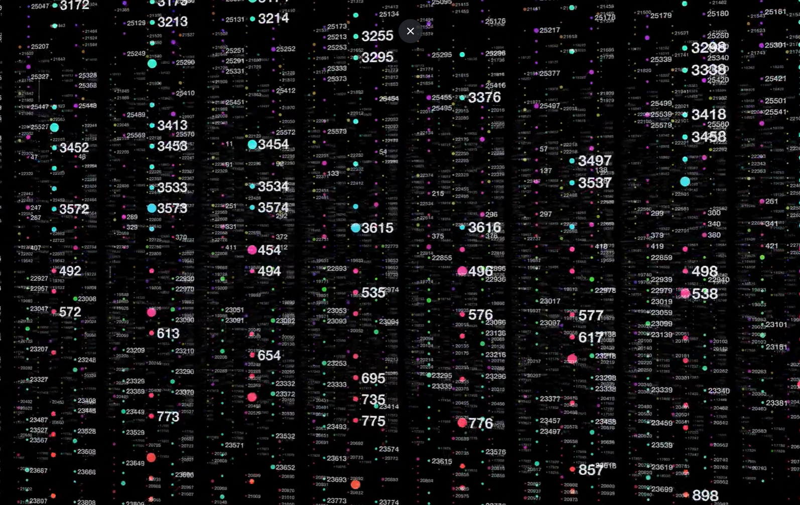 3D data visualization with colorful numbered dots and data points floating vertically on a black background.